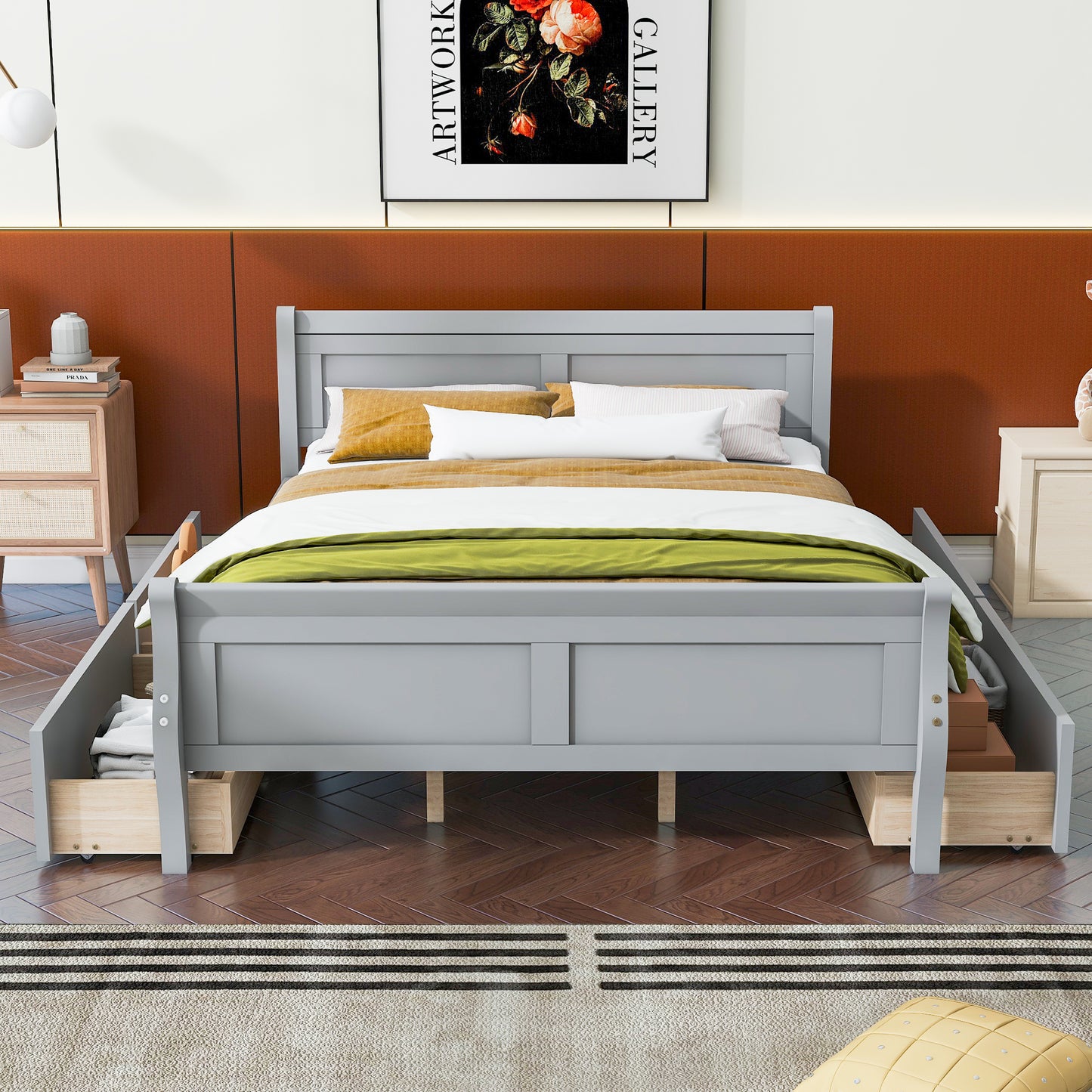 Meg Queen Size Wood Platform Bed with 4 Drawers - Gray