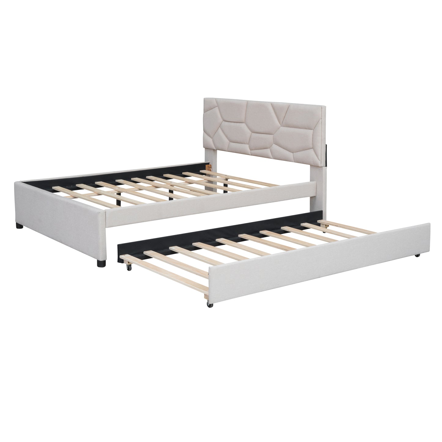 Brick Full Size Upholstered Platform Bed with Twin Size Trundle - Beige