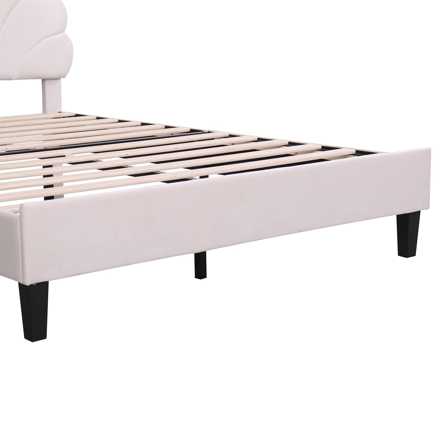 Floral Bliss Queen Size Velvet Platform Bed Frame - Beige