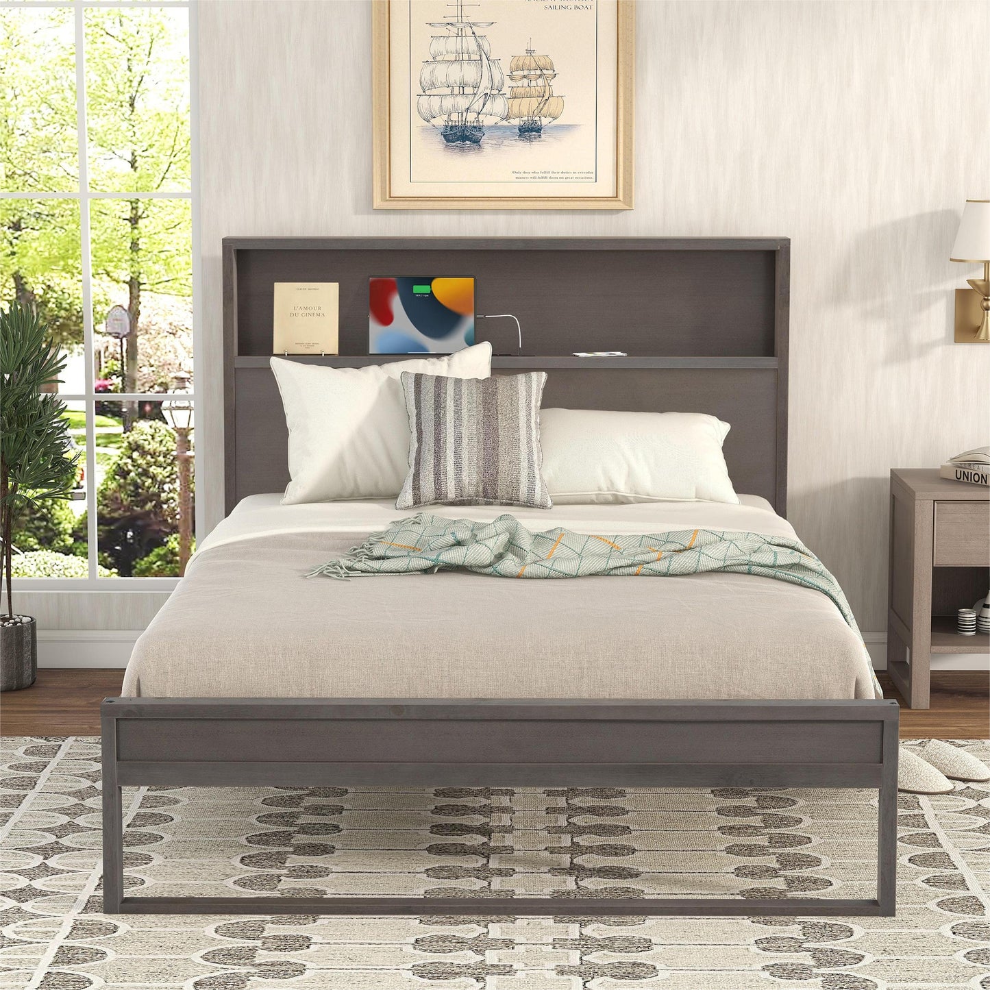 Mora Full Size Platform Bed Frame with Storage - Gray