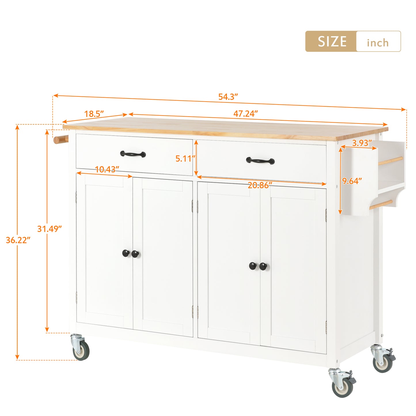 Granite Kitchen Island Cart with Solid Wood Top and Locking Wheels - White