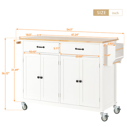 Granite Kitchen Island Cart with Solid Wood Top and Locking Wheels - White