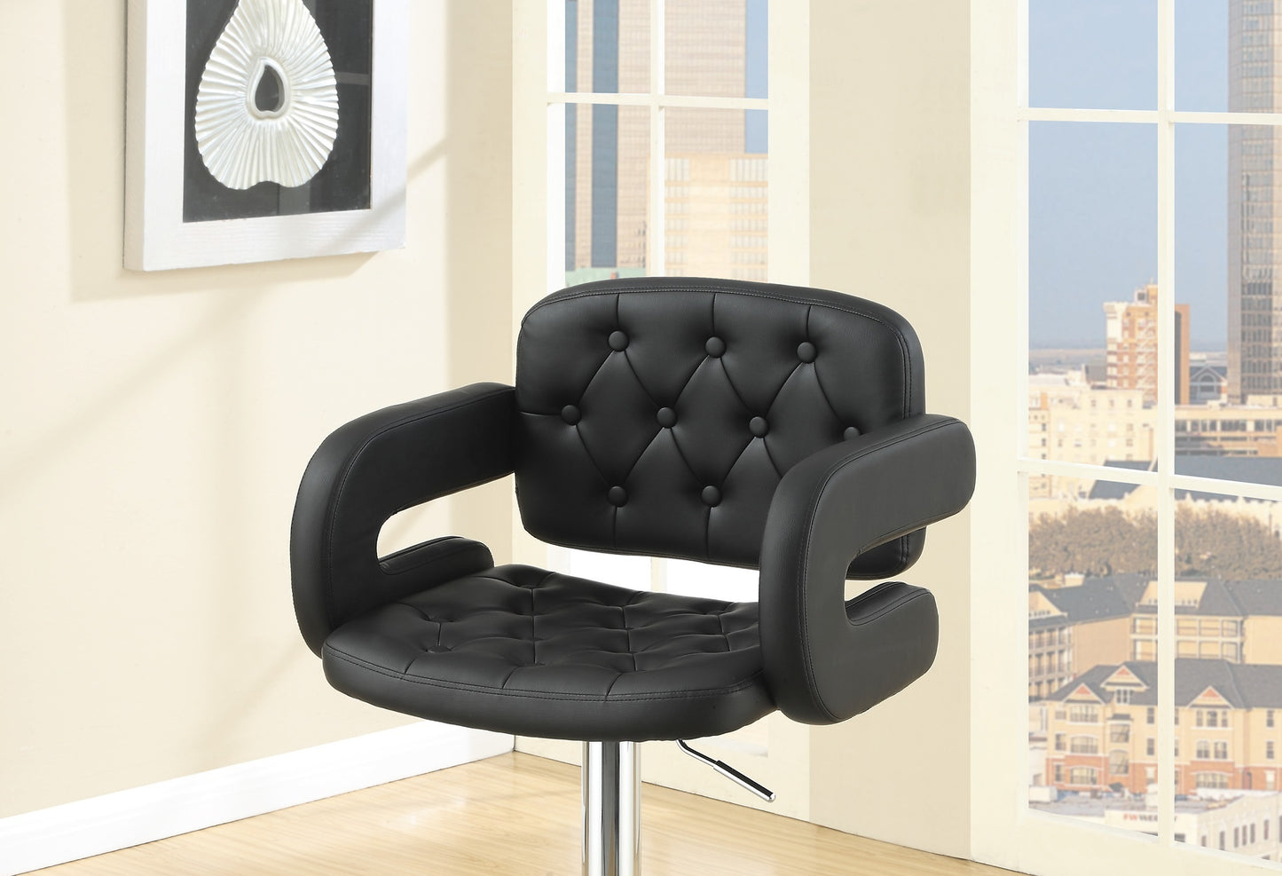 Elegant Armrest Tufted Leather Swivel Barstool  - Black