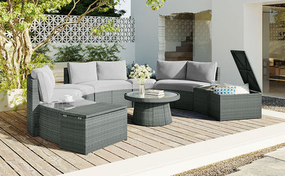 Clarkson 10 Pc Patio Rattan Half Round Sectional Sofa Set - Light Gray