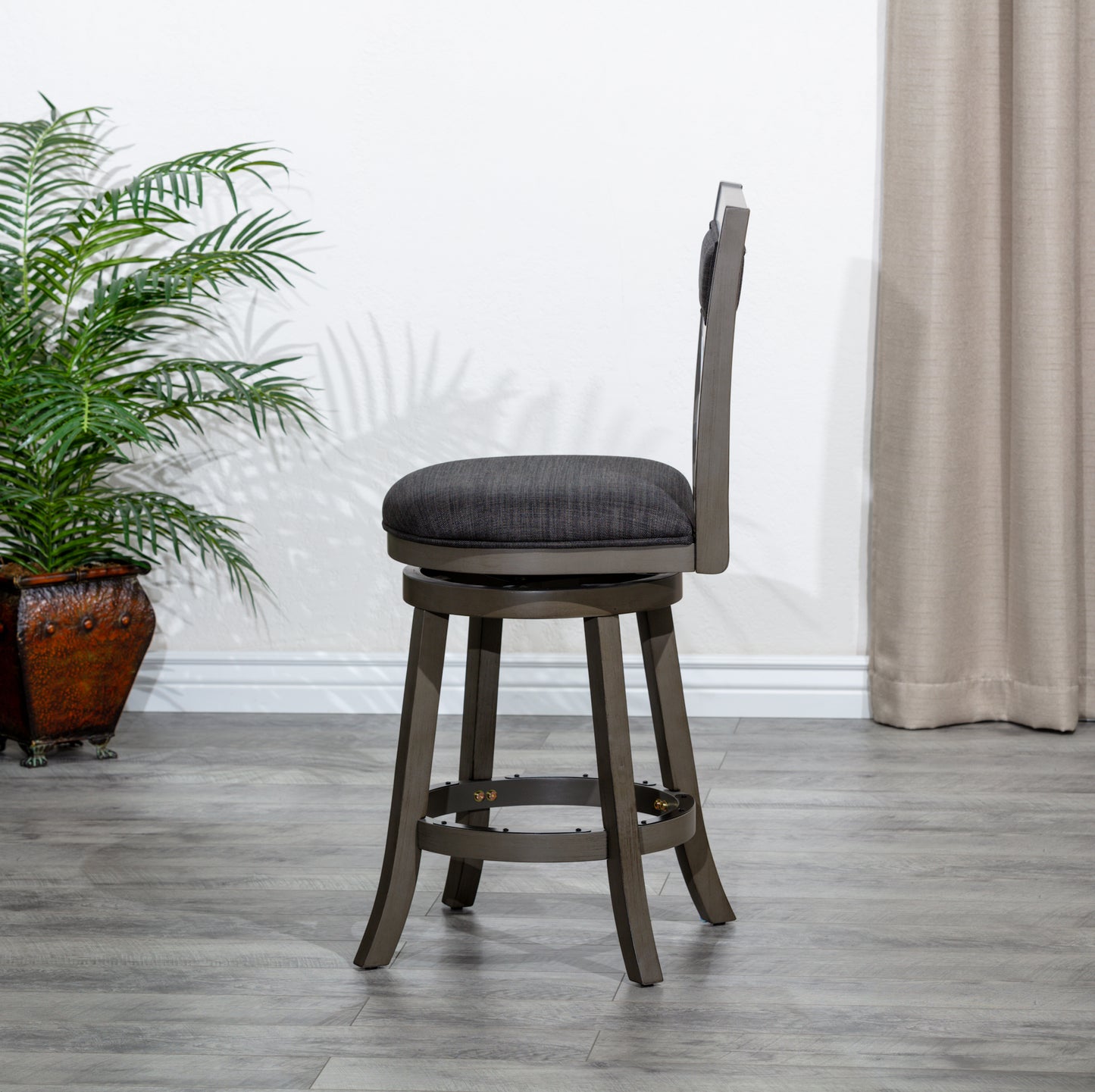 Counter Height X-Back Swivel Stool, Weathered Gray Finish, Charcoal Fabric Seat