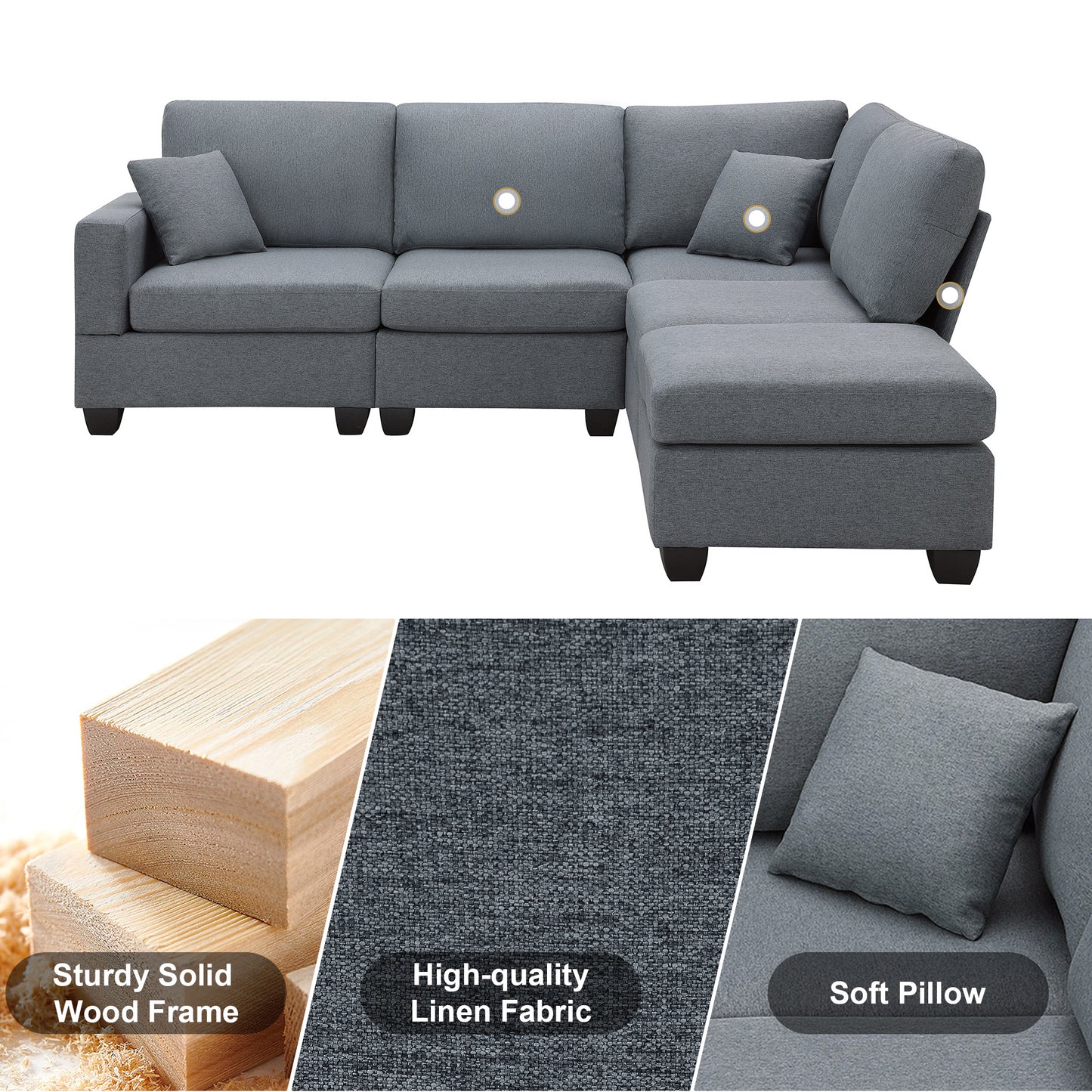 Aria 5-Seat Modular Sectional Set with Convertible Ottoman - Dark Gray