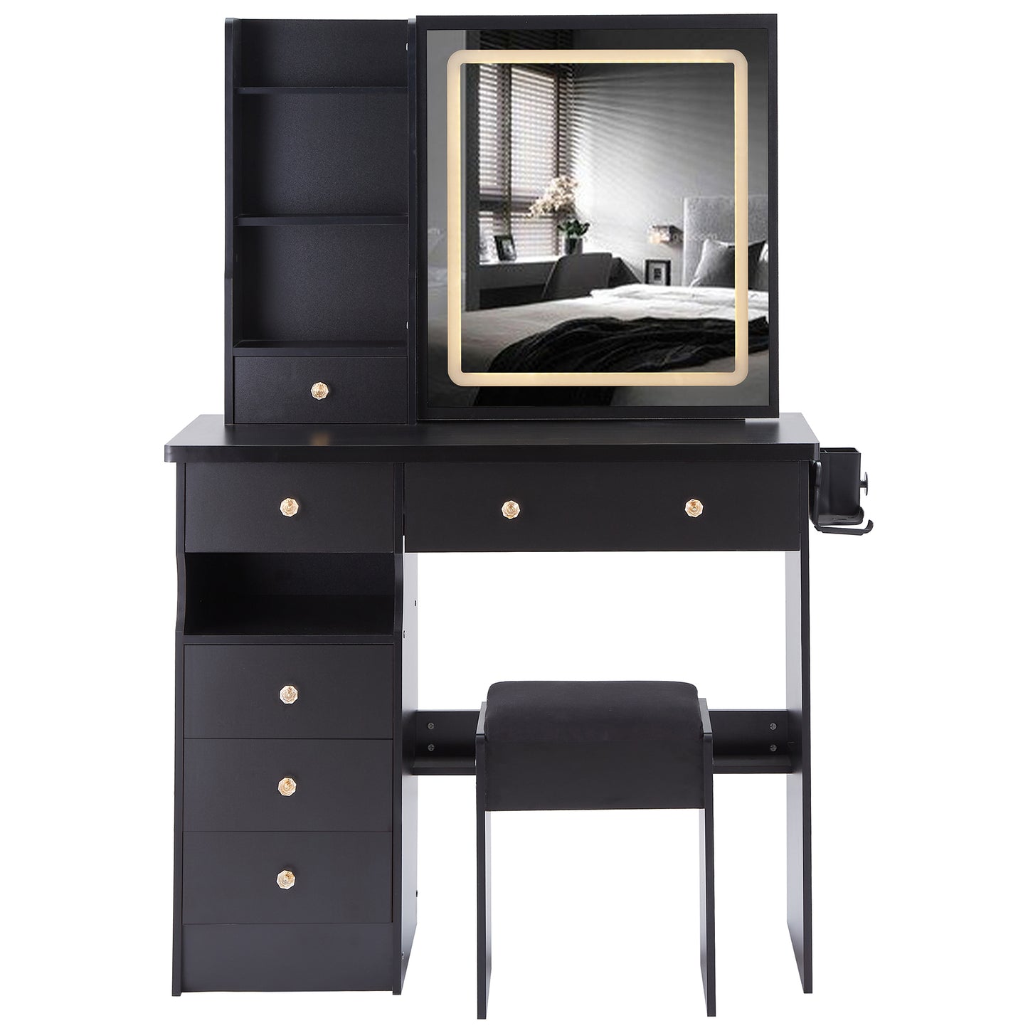 Yano Makeup Vanity Desk Set with LED Sliding Mirror - Black