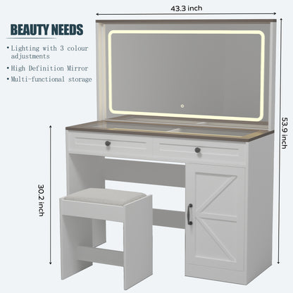 Chaya Makeup Vanity Table With Large Mirror and LED Light Strip - White