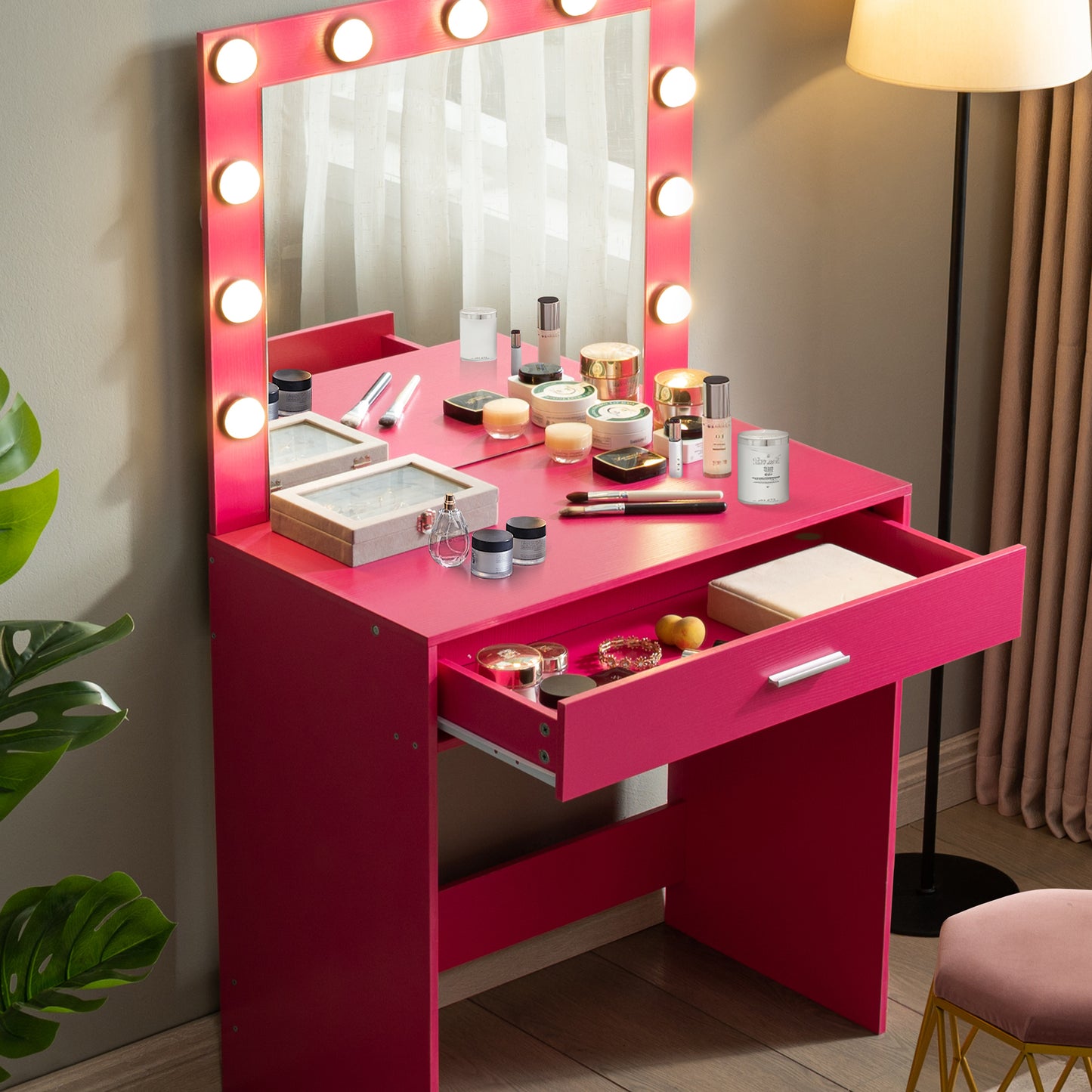 Auro Vanity Desk with Mirror & Light - Pink