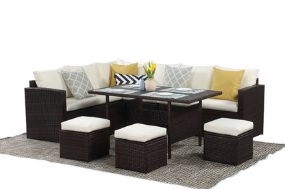 Kyoko 7 Pc PE Rattan Wicker Patio Dining Sectional Cusions Sofa Set - Ivory