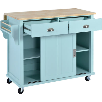 Culinary  Kitchen Cart with Countertop With Barn Door - Mint Green