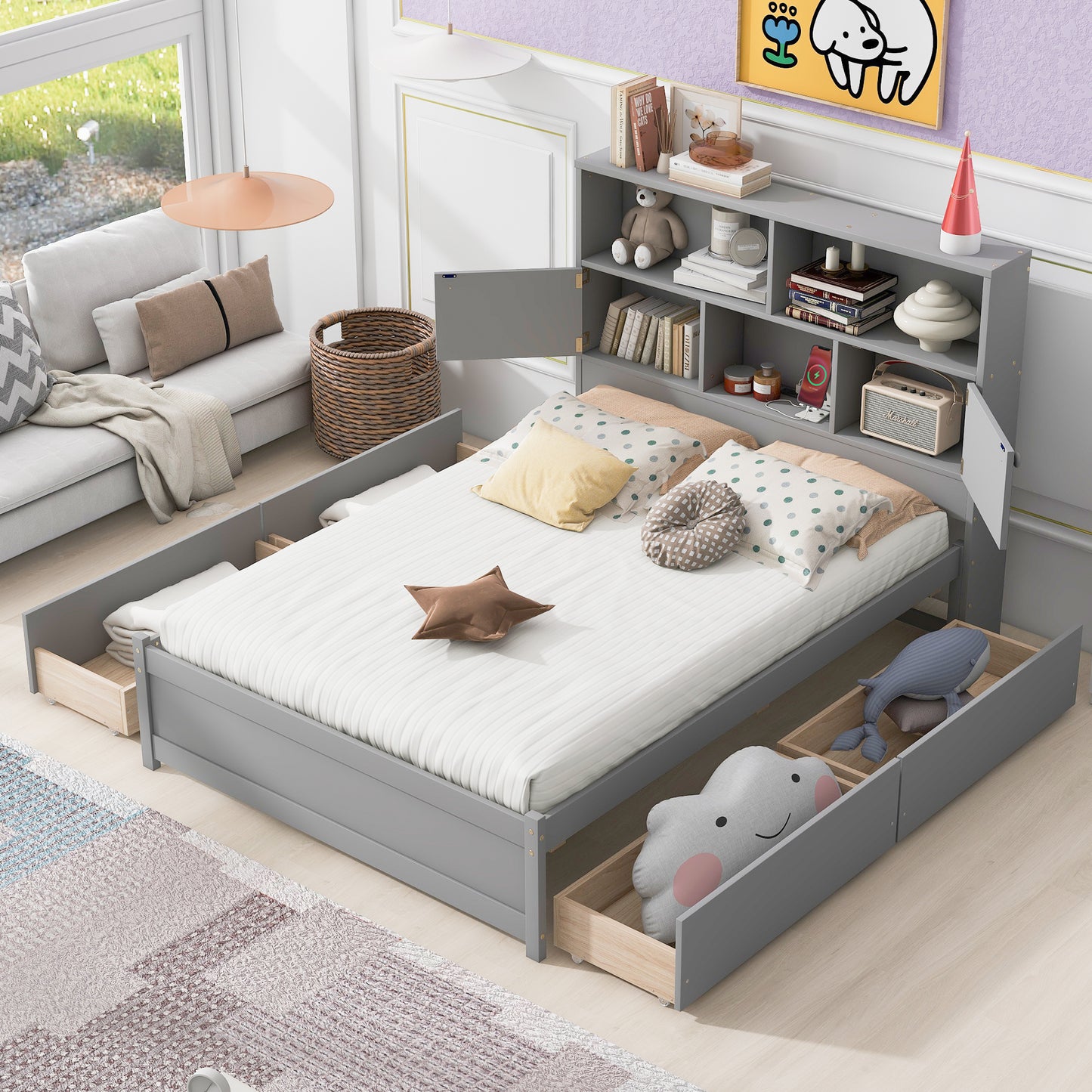 Jazz Full Size Platform Bed w 4 Drawers - Gray