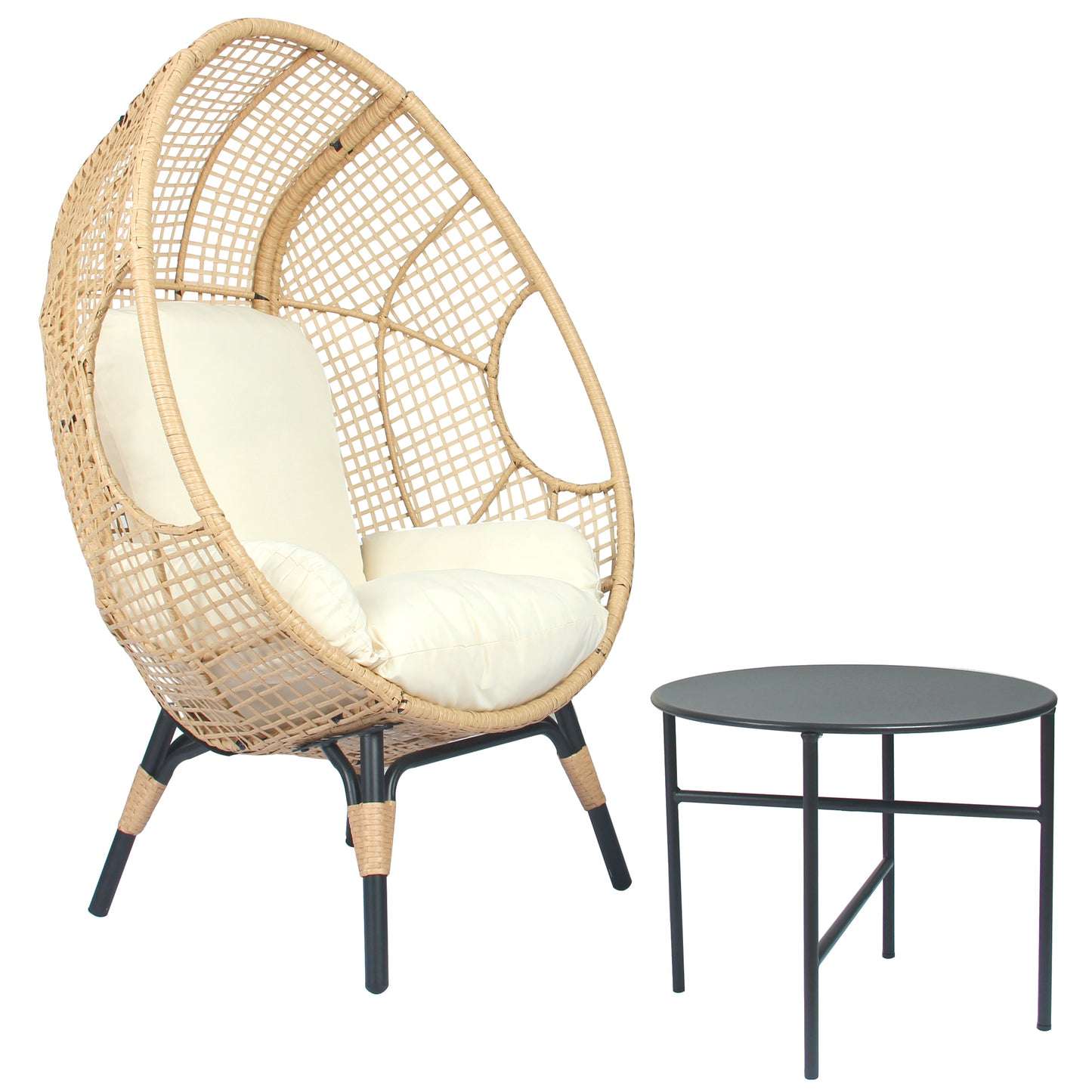 Lorean Patio PE Wicker Egg Chair and Side Table Model 4 - Natural Rattan Beige Cushion