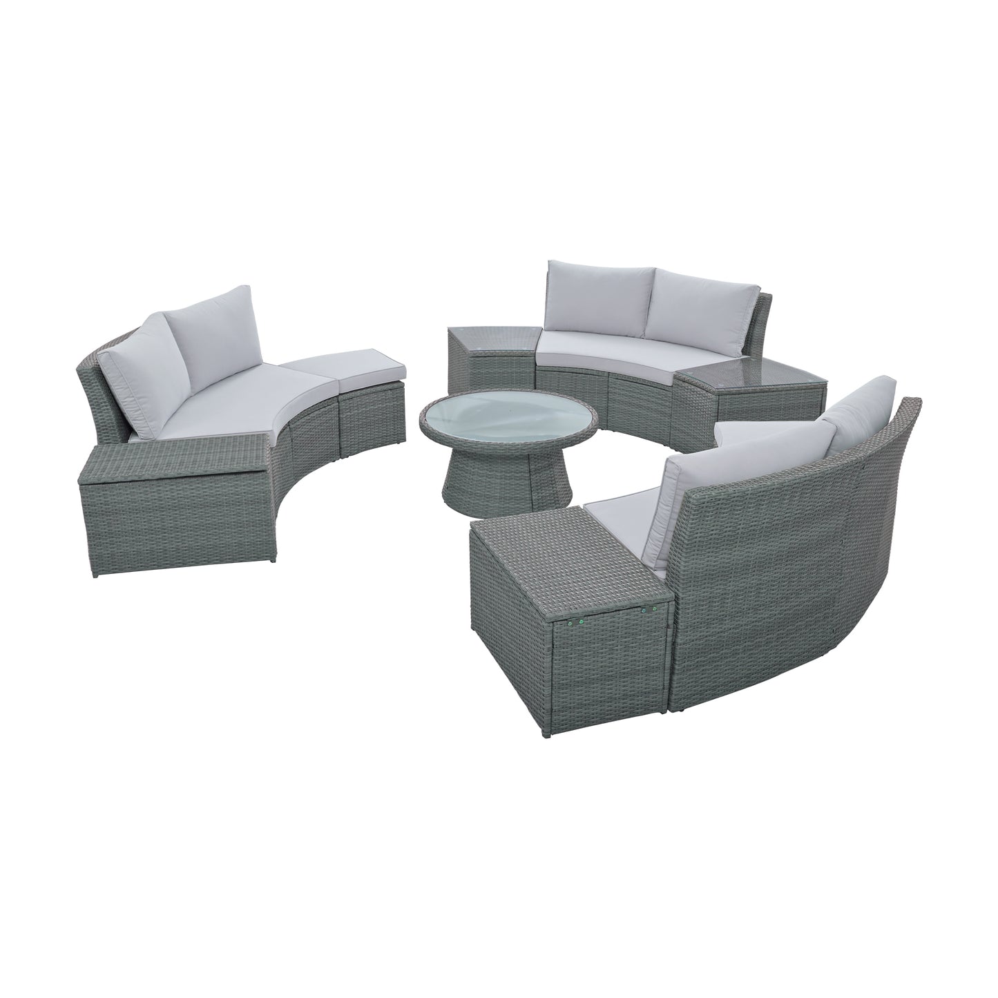 Clarkson 10 Pc Patio Rattan Half Round Sectional Sofa Set - Light Gray