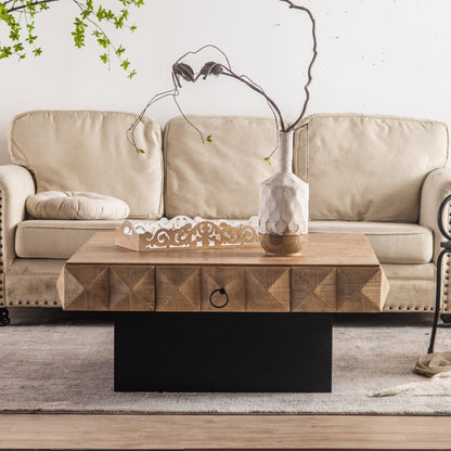 Embossed Pattern Square Retro Coffee Table with 2 Drawers