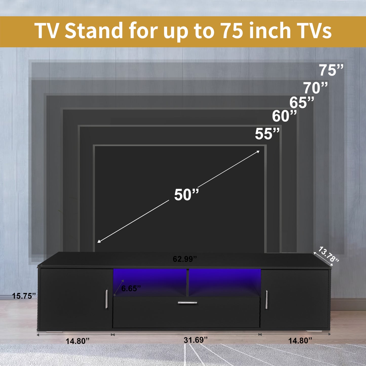 Comet TV stand with LED Lights Entertainment Center - Black