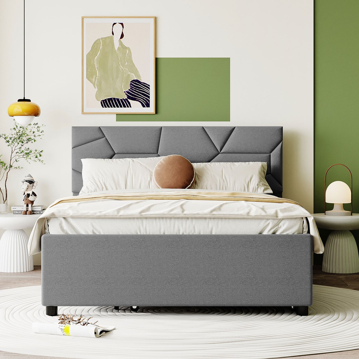 Brick Full Size Upholstered Platform Bed with Twin Size Trundle - Gray