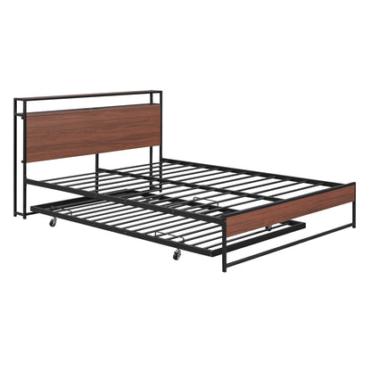 Draven Queen Size Metal Platform Bed Frame with Trundle - Black