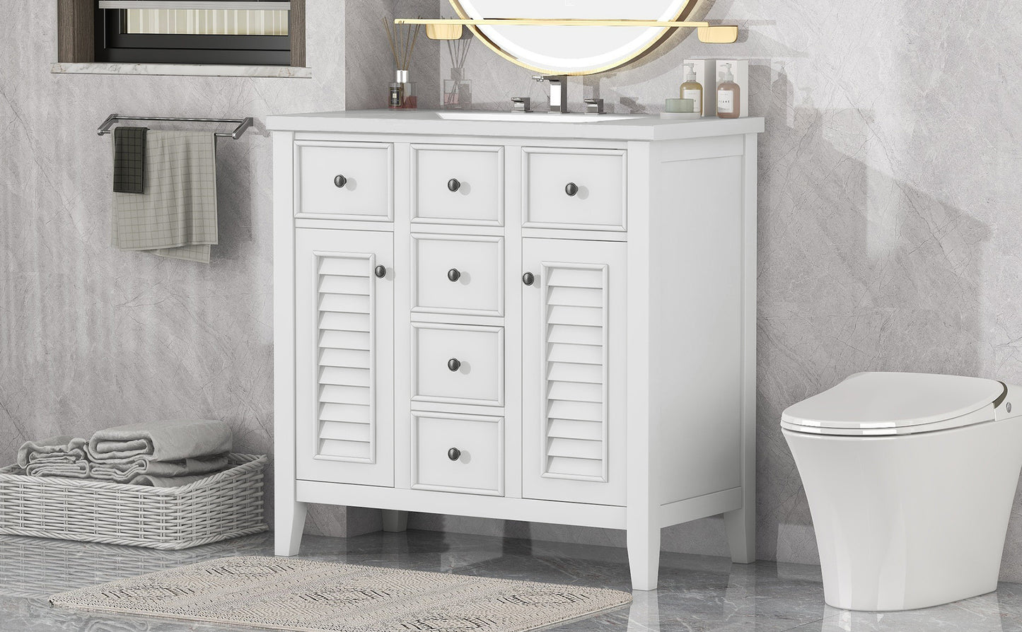 Bathroom Vanity with Ceramic Basin, Two Cabinets and Five Drawers - White