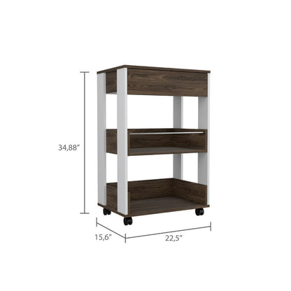 Verona Kitchen Cart Three Shelves, Four Casters - White + Dark Walnut