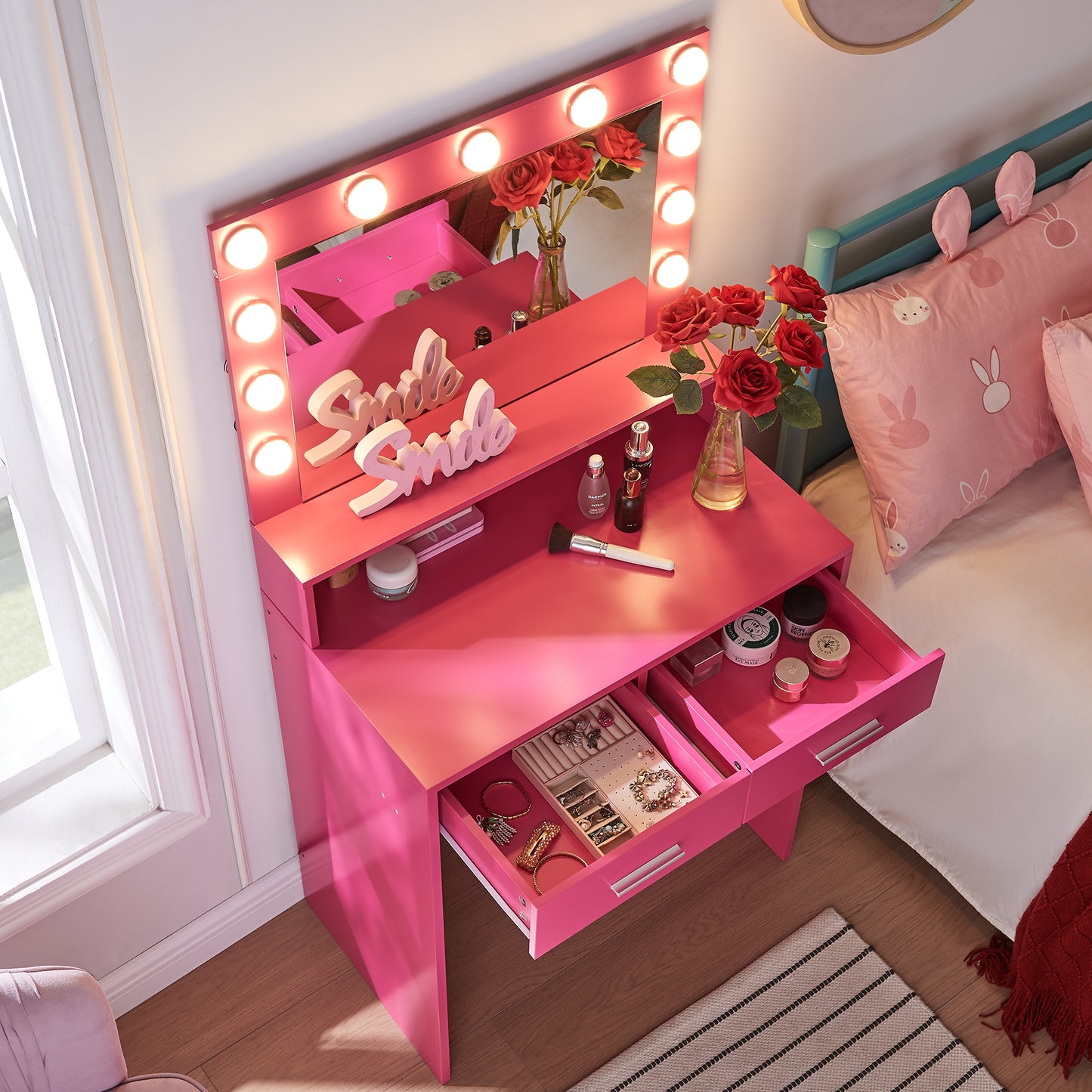 Neve Vanity Desk with Mirror and Lights - Rose Pink