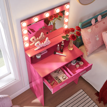 Neve Vanity Desk with Mirror and Lights - Rose Pink