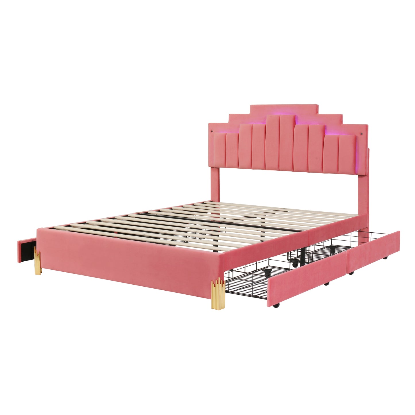 Neco Queen Size Platform Bed with LED and 4 Drawers - Pink