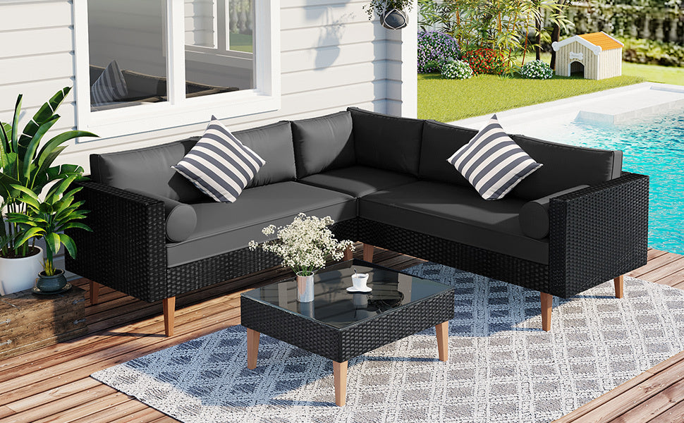 Selma  4 Pc Outdoor Wicker Sofa Set - Black+ Gray