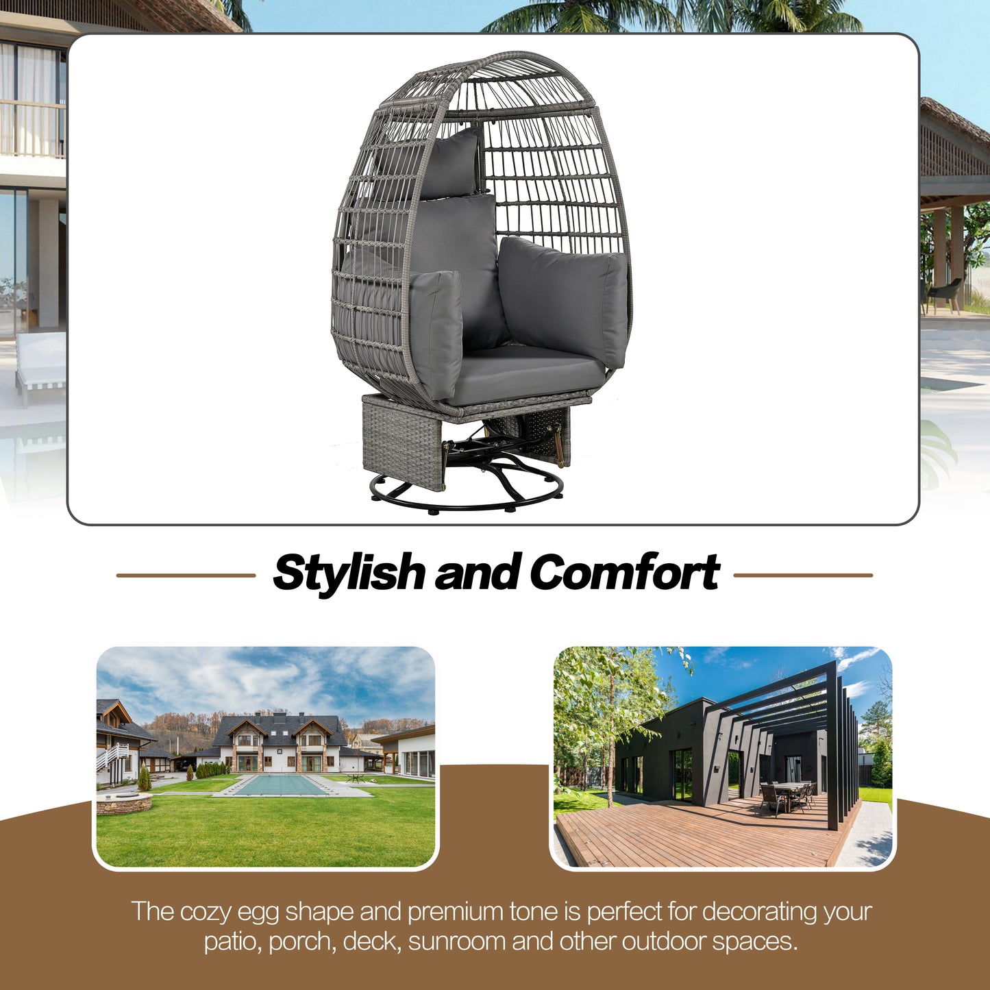 Bell Outdoor Swivel Chair with Cushion (Gray Wicker + Gray Cushion)