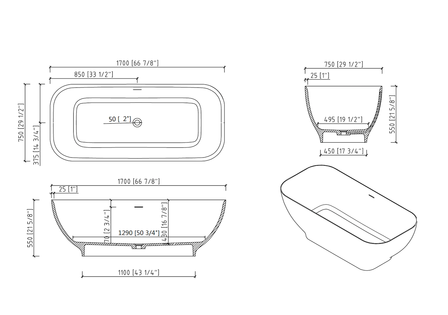 Wara 67" Luxury Solid Surface Freestanding Soaking Bathtub  - Matte White