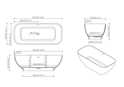 Wara 67" Luxury Solid Surface Freestanding Soaking Bathtub  - Matte White