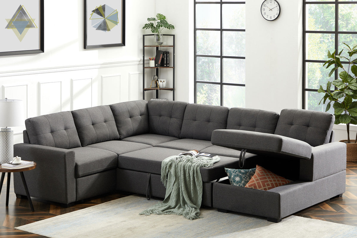 Selene Linen Fabric Sleeper Sectional Sofa with Storage - Dark Gray