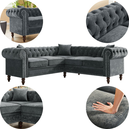 Nest Velvet Button Tufted L-shaped Sofa - Gray