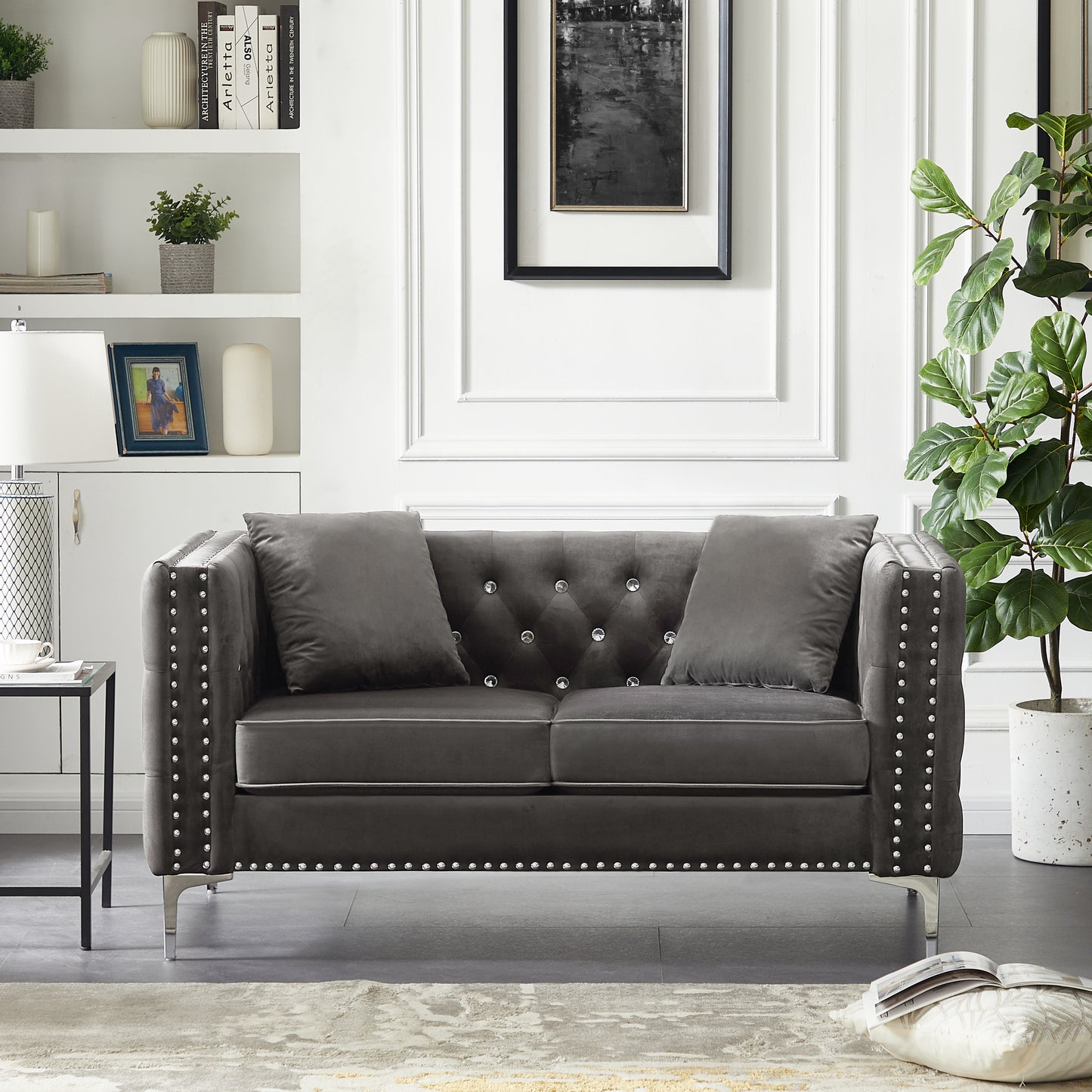 Mahoney Velvet Sofa with 2 Pillows - Gray