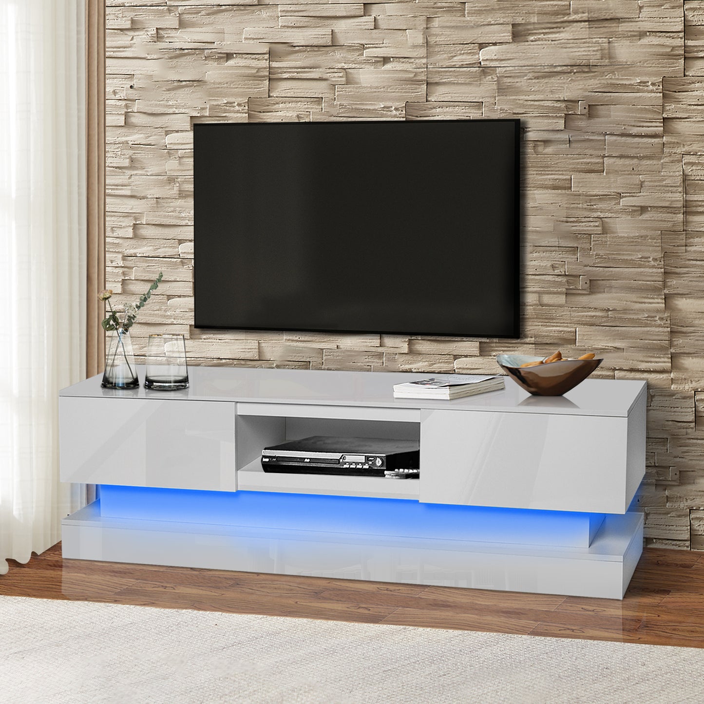 Scape 55 inches Glossy TV Stand with LED Lights- White