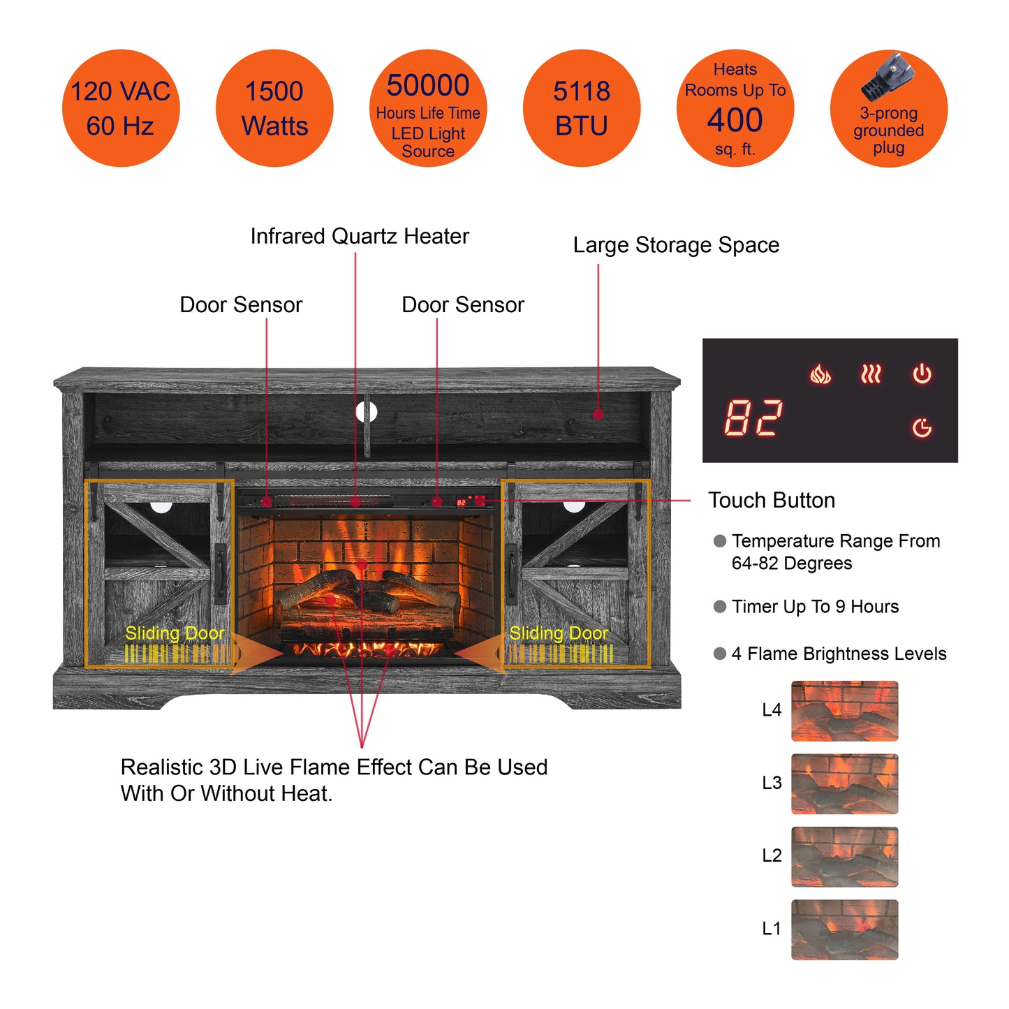 60 Inch Electric Fireplace  Entertainment Center With Door Sensor - Oak