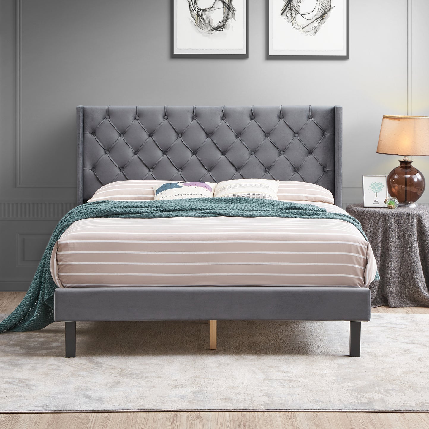 Hena Queen Size Platform Velvet Button Tufted Bed Frame - Gray