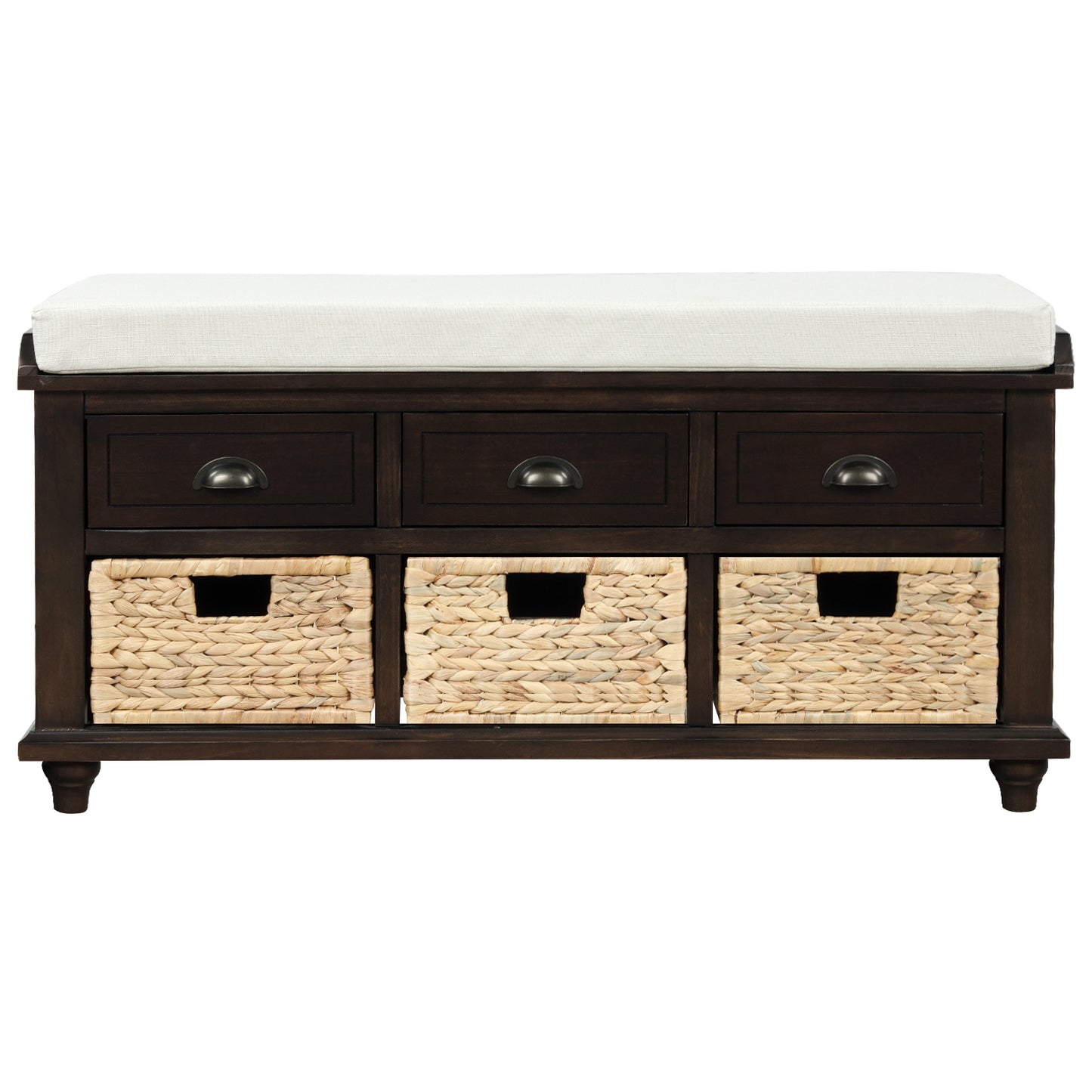 Rustic Storage Bench with 3 Drawers and 3 Rattan Baskets - Espresso