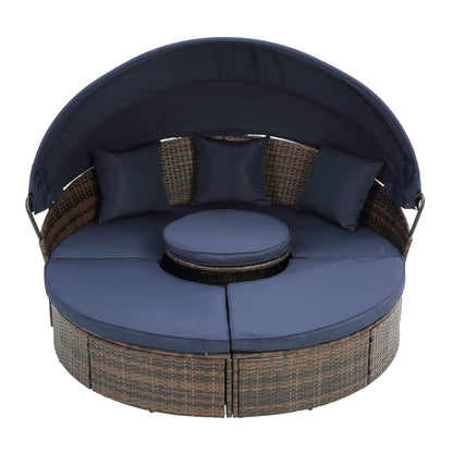 Cove Outdoor Rattan Round Lounge With Canopy - Navy Blue