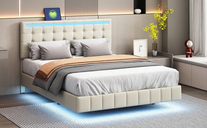 Marc Queen Size Floating Bed Frame with LED - Beige