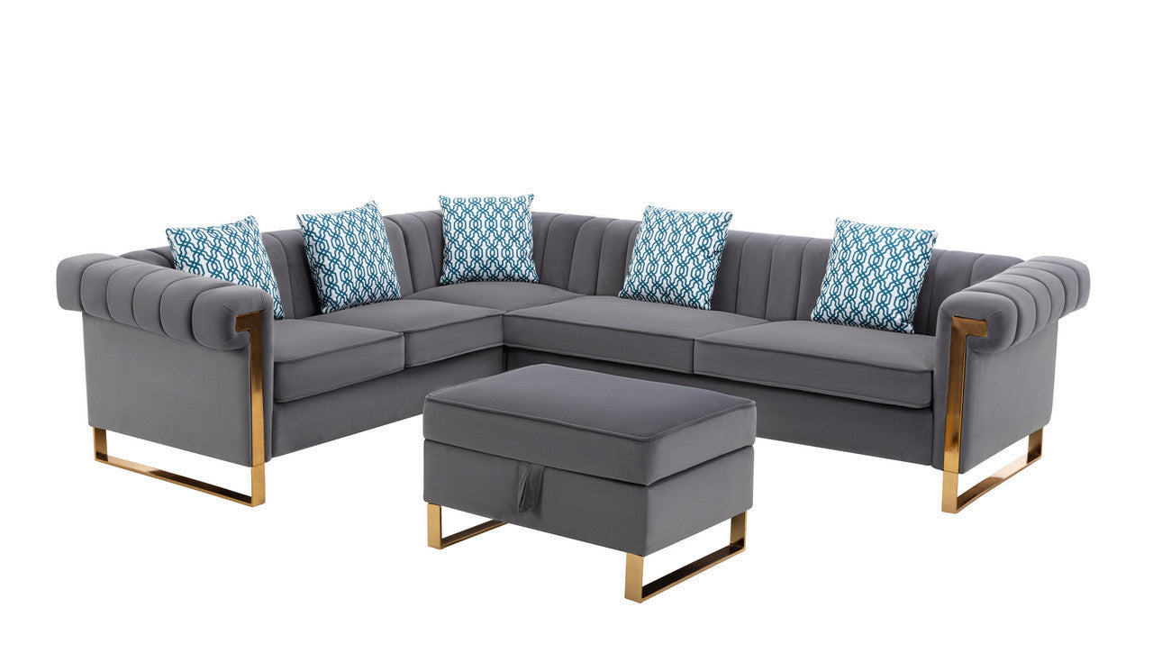 Maddie Velvet 6-Seater Sectional Sofa with Storage Ottoman - Gray