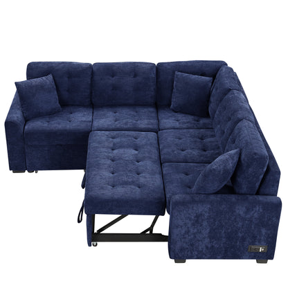 Novak L-shape Sofa Bed Pull-out Sleeper Sofa with Wheels - Navy Blue