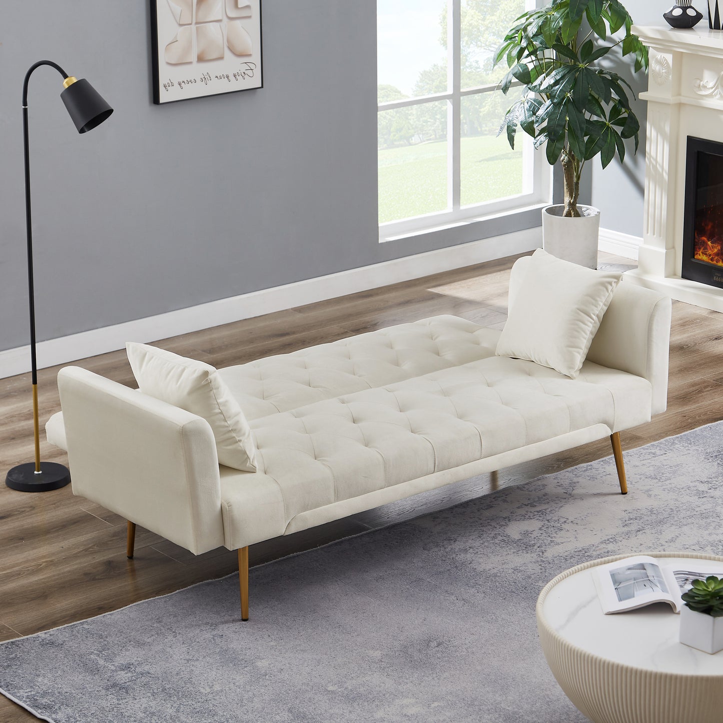 Kona Velvet Futon Sofa Bed with Metal Legs - Beige