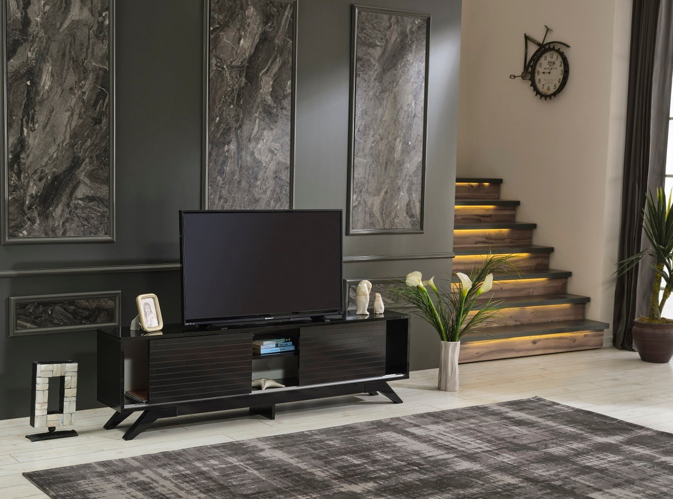 Luxia Mid Century Modern TV Stand 2 Sliding Door- Black