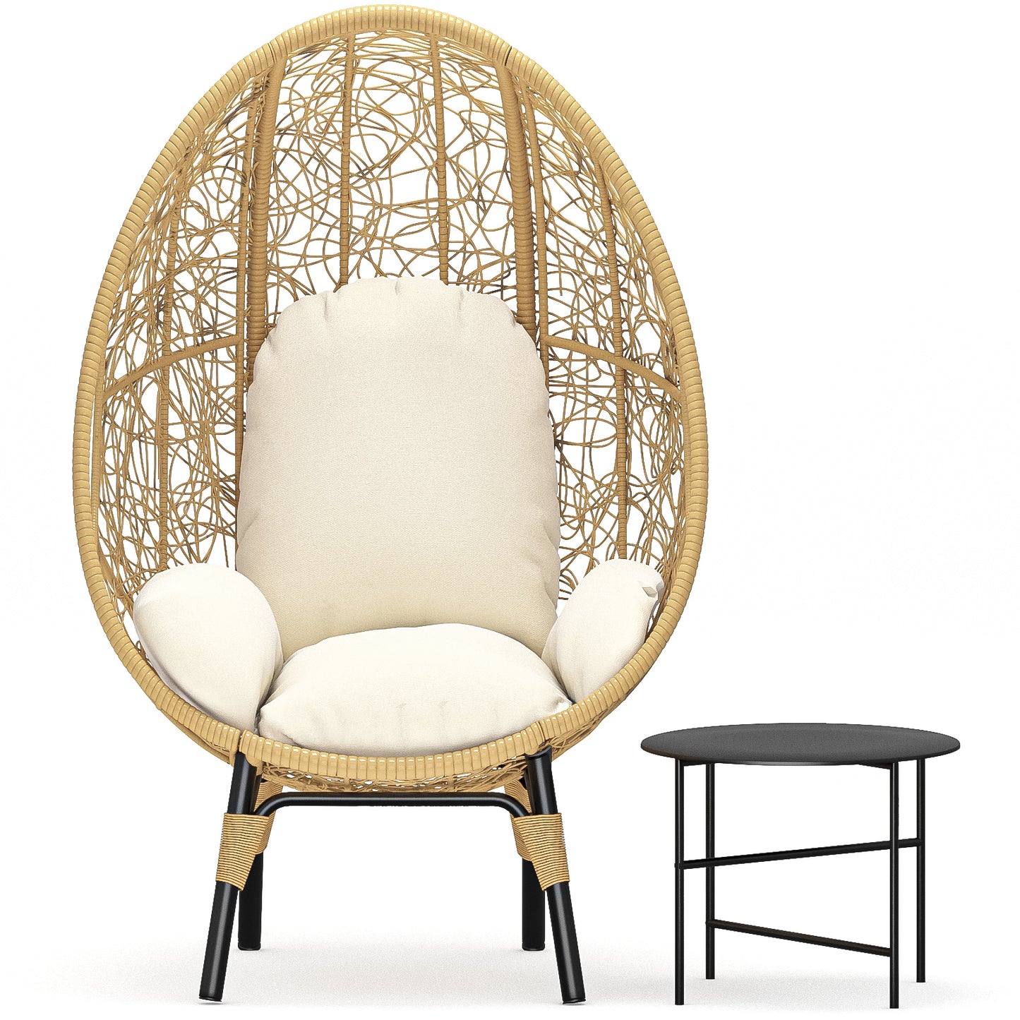 Lorean Patio PE Wicker Egg Chair and Side Table Model 3 - Natural Rattan Beige Cushion