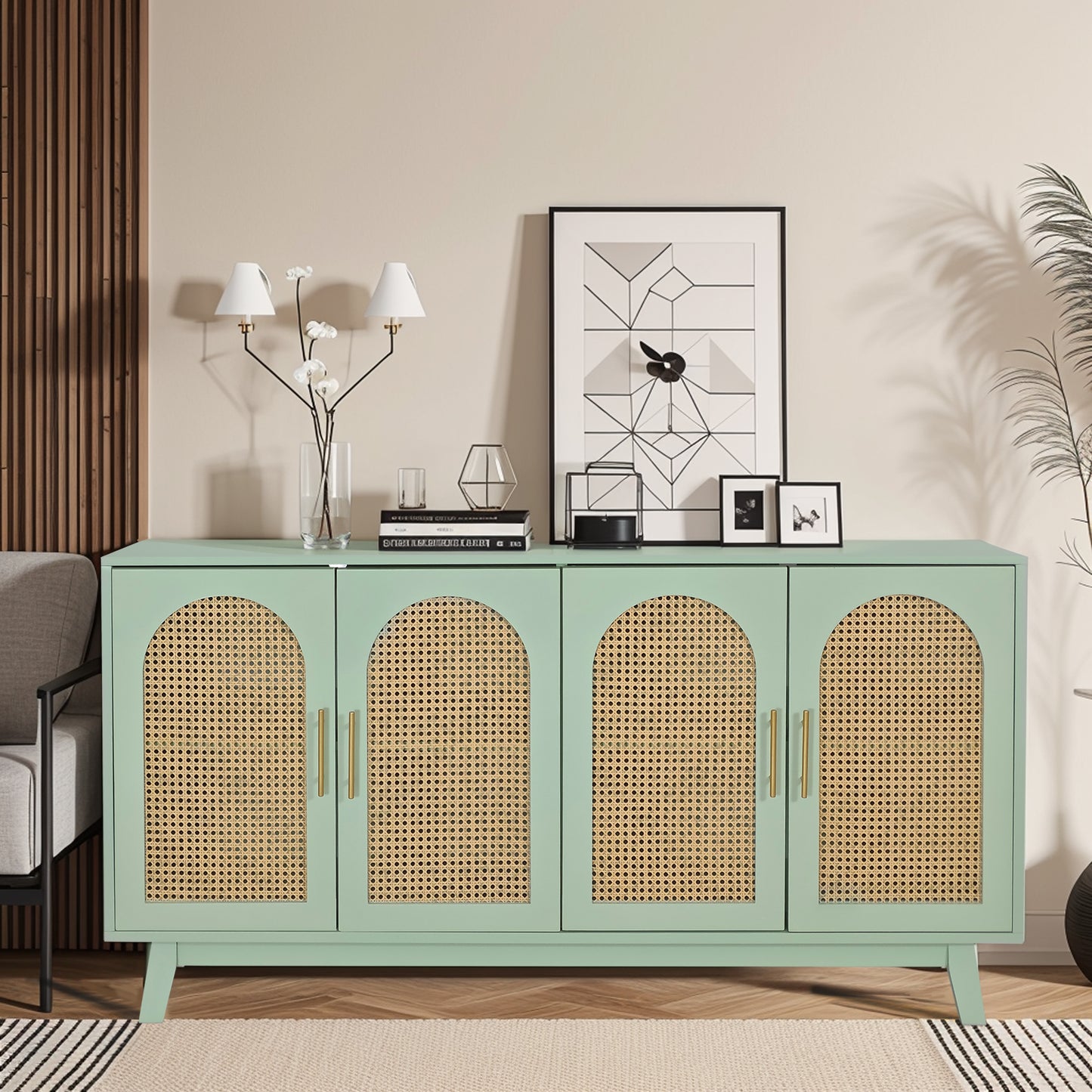 Xenia 4-Door Cabinet with Rattan - Mint Green