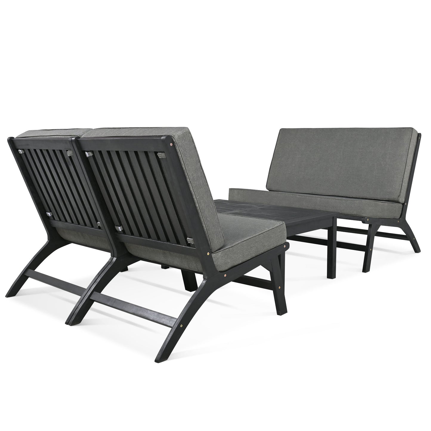 4 Pc Acacia Solid Wood Outdoor Seats Set - Black+Gray