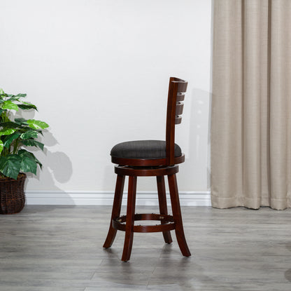 Counter Height Slat Back Swivel Stool, Cherry Finish, Charcoal Fabric Seat