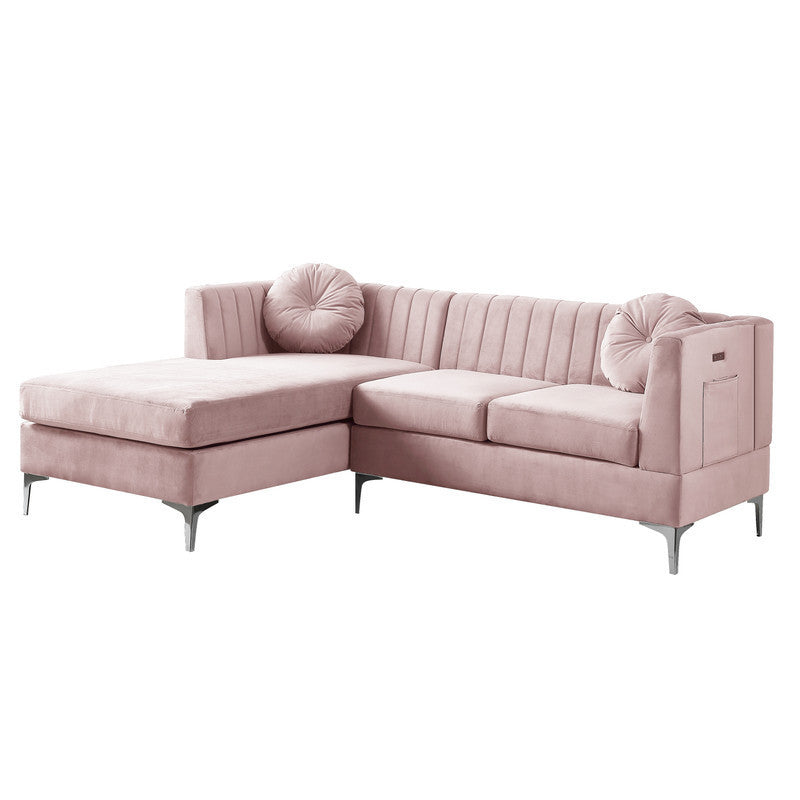 Chloe Velvet Sectional Sofa Chaise with USB Charging Port - Pink