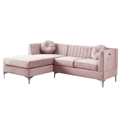 Chloe Velvet Sectional Sofa Chaise with USB Charging Port - Pink